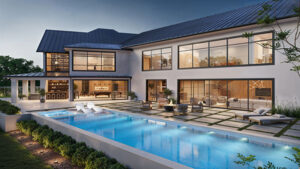 Modern house with large windows and doors. 